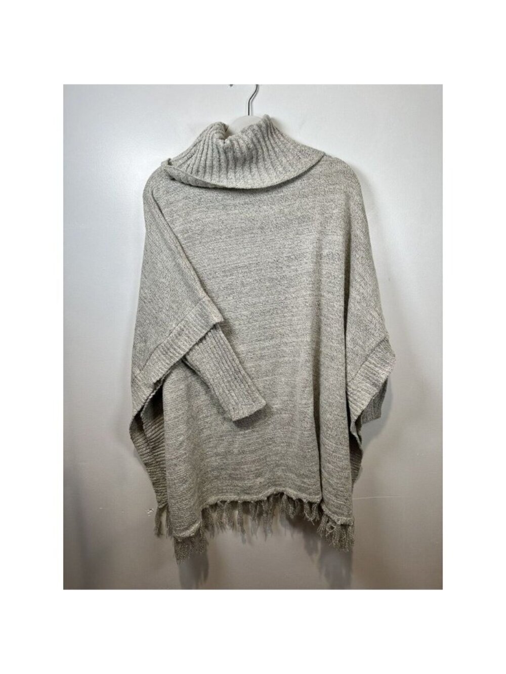 Oversized Poncho Sweater Fringe Trim Cowl Neck Light Gray Knit‎ Small S